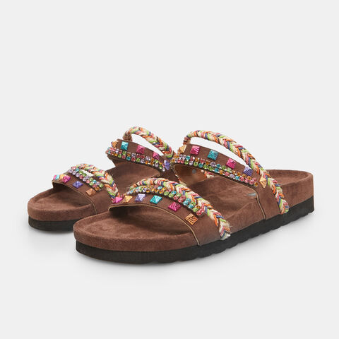 Zapatillas de mujer Bata Red Label con cuerdas cruzadas y aplicaciones joya , Marrón Zapatillas de mujer Bata Red Label con cuerdas cruzadas y aplicaciones joya , Marrón